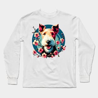 Wire Fox Terrier Joy in Spring with Cherry Blossoms and Flowers Long Sleeve T-Shirt